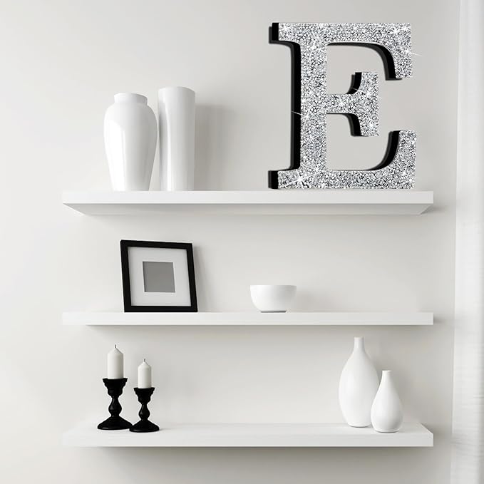 Qunclay 12'' Silver Crystal Diamond Bling Letters Crushed Diamond Decoration Wooden Glitter Letter with Screw and Hooks Rhinestone Gift for Wedding Y2k Mcbling Bedroom Wall Decor (Letter E)