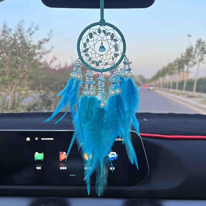Dream Catcher for Rearview Mirror, Car Hanging Accessory, Lucky Charm Ornament Pendant Interior Decor (Blue)