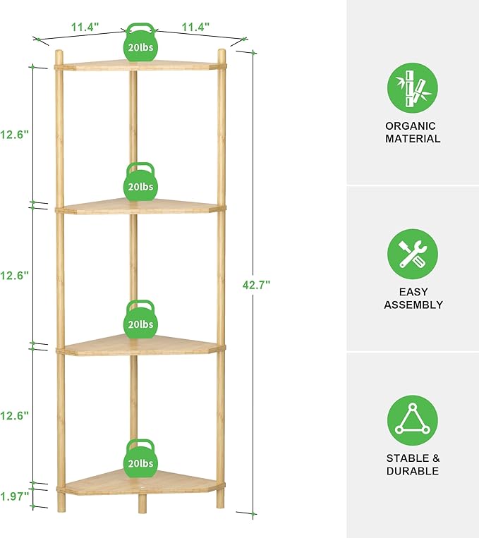 Wisuce Corner Shelf Stand - 4 Tier Bamboo Small Corner Bookshelf for Office Kitchen Bedroom Plant Stand Living Room Decor Small Space (Nature)