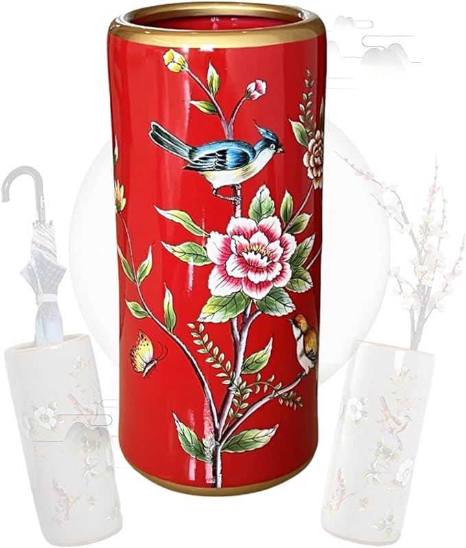 Decorative Ceramic Umbrella Stand - Porcelain Umbrella Holder Chinese Flower and Bird Print Vintage Floor Standing Vase Multi-Functional Cane Storage