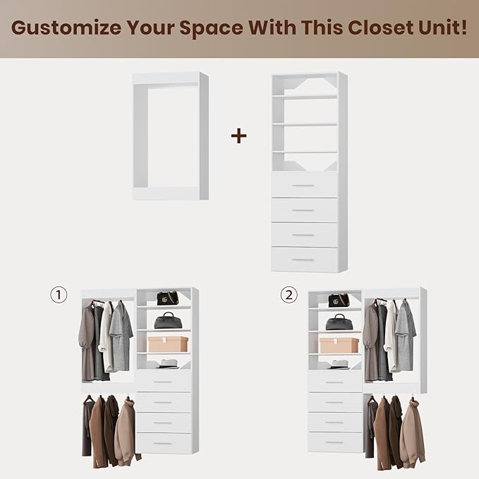 ROOMTEC Modular Closet System, 52" Wall-Mounted Closet Organizer with Drawers and Hanging Rods, Wooden Tower for Walk-In Closets, Wardrobe Storage Kit, White