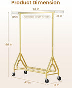 Heavy Duty Clothes Rack, Metal Clothing Rack Load 450 LBS, Rolling Coat Racks for Hanging Clothes with Lockable Wheels, Wardrobe Closet Garment Racks for Bedroom, Gold