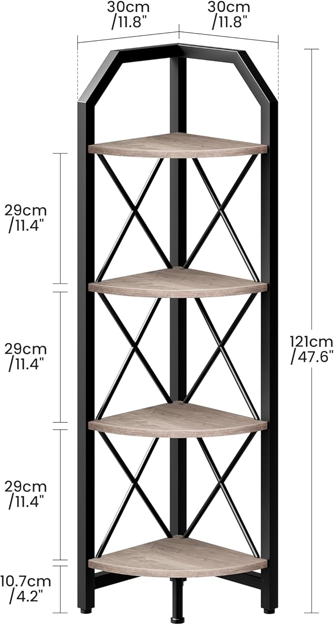 CHOEZON 4-Tier Corner Shelf, Industrial Corner Bookshelf, 47.6" Corner Storage Stand, Plant Stand Display Shelf, Corner Bookcase for Bedroom, Living Room, Home Office, Greige and Black TCJ09BG