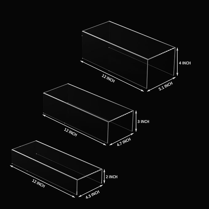 Sezanrpt Clear Riser Display Shelf 3pcs, Desktop Rectangular Acrylic Display Shelves Storage Organizer, Acrylic Stands for Funko Pop Figure, Bags, Shoes, Spice Jars, Skincare, Cosmetics - 12-2'', 3'',