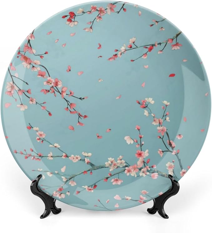 Japanese Spring Theme Decorative Ceramic Plate Round Porcelain Plate,Sakura Tree Branches Pattern,for Decorative Ornaments Giving Plates, 1 Plate with 1 Display Stand,Blue Pink,8 inch
