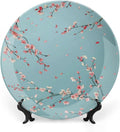 Japanese Spring Theme Decorative Ceramic Plate Round Porcelain Plate,Sakura Tree Branches Pattern,for Decorative Ornaments Giving Plates, 1 Plate with 1 Display Stand,Blue Pink,8 inch