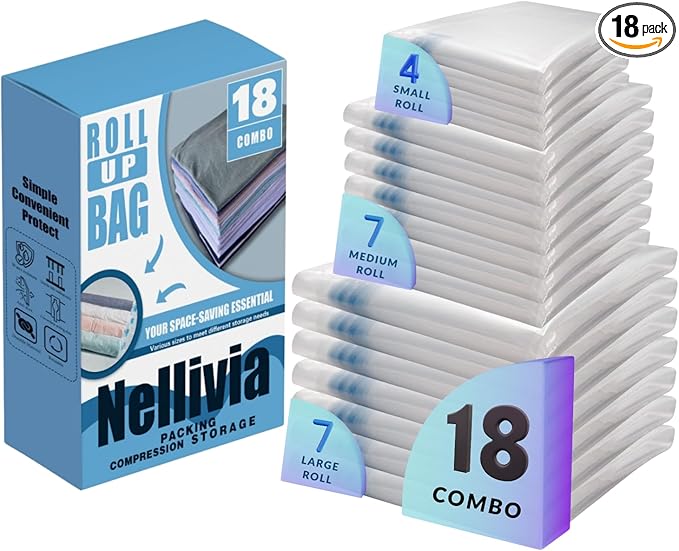 18 Pack Compression Bags for Travel, Roll Up Space Saver Bags for Clothes Storage, Vacuum Storage Bags Compact Packing travel organizer for Luggage, Suitcase, Backpack,