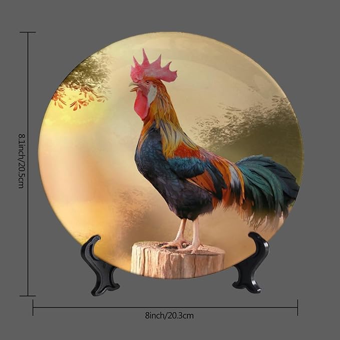 Rooster Decorative Plates, 8 Inch, Crowing Cock Round Display Plate, Handmade Ceramic Ornament, for Wall Hanging Living Room Bathroom Decor Gift