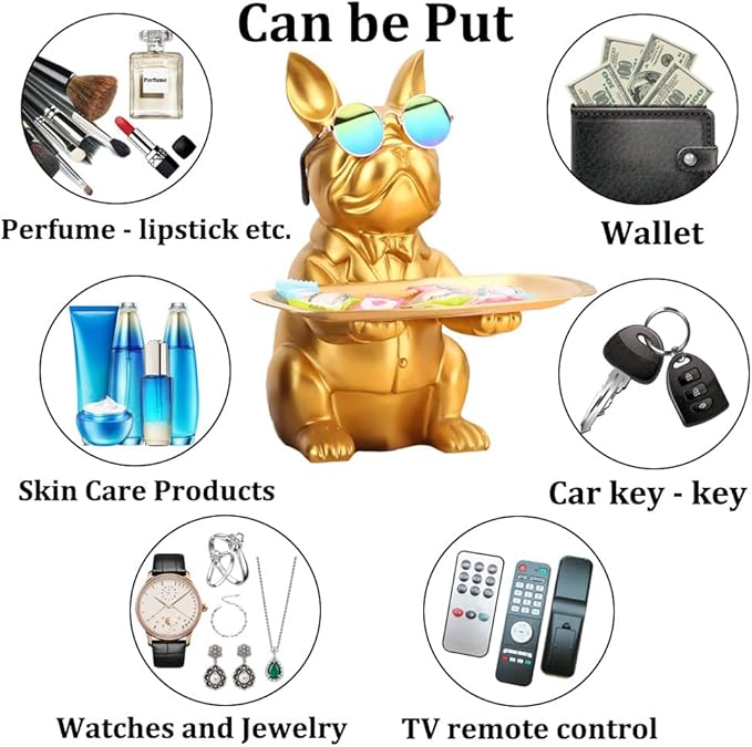 QIANLING Modern Decor Resin Gold Bulldog Tray Statue Tray Storage Key Holder Candy Jewelry Earrings Tray Suitable for Home Decor Modern Art Dining Table Decor Office Small Object Tray (Golden Yellow)