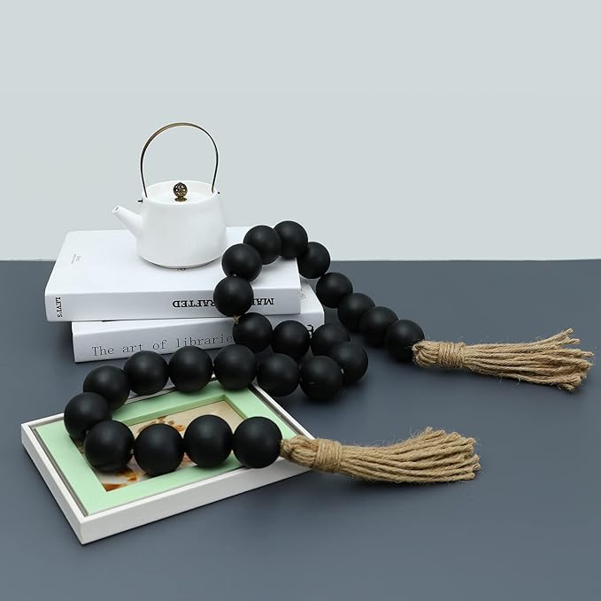 Large Black Wooden Beads Garland Farmhouse Decor 50inch long with 1.6" Diameter beads, Wood Beads Decor Tassel Garland Decorative Boho Country Decoration for Coffee Table Home Tiered Tray Wall Hanging
