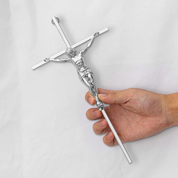 KUXBET Crucifix Wall Cross, Metal Wall Hanging Cross,10inch Silver Jesus Crucifix Home Décor, Gift for Family