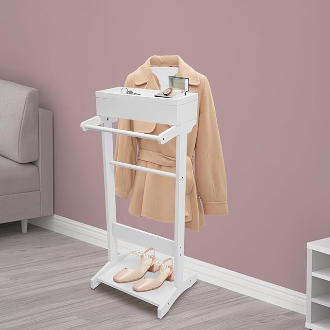 Suit Valet Stands for Women and Men, Valet Stand with Drawer, Top Tray, Contour Hanger, Trouser Bar, Belt Hooks & Shoe Rack, Accessory & Clothes Organizer, Wood Suit Rack (White)