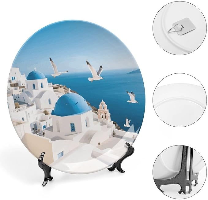 Santorini Greek Island Ceramic Display Plate Decorative Round Hanging Bone China Plate with Display Stand for Kitchen Dining Room Wine Cabinet Home Décor Art Decoration 6inch