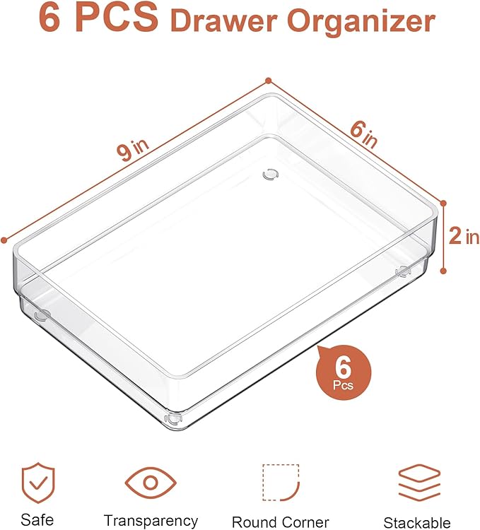 SMARTAKE 6 PCS Clear Plastic Drawer Organizers Set, Large Size Non-Slip Desk Drawer Organizer, Versatile Bathroom and Vanity Drawer Organizer Trays for Makeup, Bedroom, Office, Kitchen Utensils