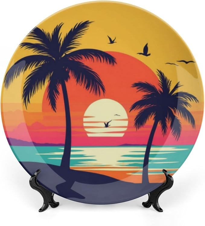 Coconut Trees Theme Decorative Ceramic Plate Round Porcelain Plate,8 inch,Sunset Silhouette Pattern,for Decorative Ornaments Giving Plates,1 Plate with 1 Display Stand,Orange Blue