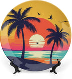 Coconut Trees Theme Decorative Ceramic Plate Round Porcelain Plate,7 inch,Sunset Silhouette Pattern,for Decorative Ornaments Giving Plates,1 Plate with 1 Display Stand,Orange Blue