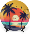 Coconut Trees Theme Decorative Ceramic Plate Round Porcelain Plate,6 inch,Sunset Silhouette Pattern,for Decorative Ornaments Giving Plates,1 Plate with 1 Display Stand,Orange Blue