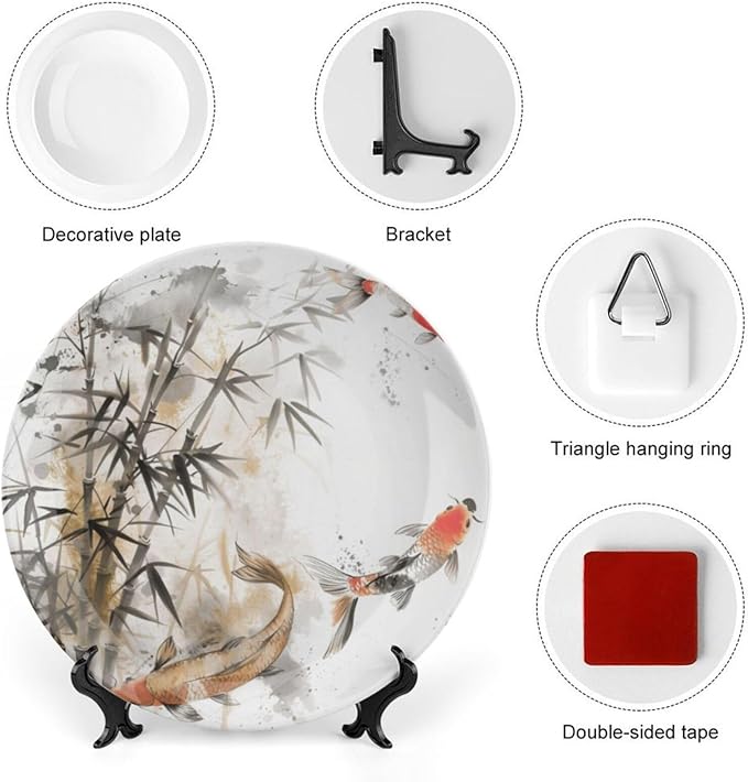 Ink Painting Theme Decorative Ceramic Plate Round Porcelain Plate,Tree and Fish Pattern,for Decorative Ornaments Giving Plates, 1 Plate with 1 Display Stand,Black White red,8 inch