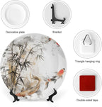 Ink Painting Theme Decorative Ceramic Plate Round Porcelain Plate,Tree and Fish Pattern,for Decorative Ornaments Giving Plates, 1 Plate with 1 Display Stand,Black White red,8 inch