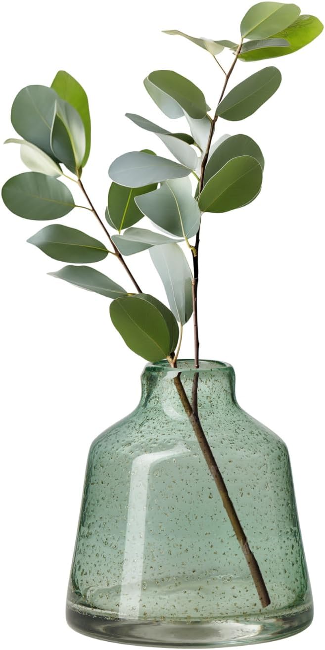 Torre & Tagus 6 Inch Tall Green Glass Vase with Gold Flakes, Mouth Blown Glass Vases Green Flower Vase Centerpieces, Watertight for Hydroponic Plants, Coastal Seagreen Gold Decor Accents (Marina)