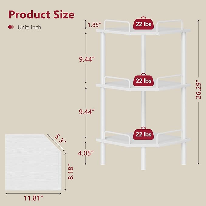 Tajsoon Corner Shelf Stand, 3 Tier Industrial Corner Shelves, Multipurpose Standing Display Shelf, Corner Shelving Unit for Bedroom, Living Room, Office, Kitchen, White