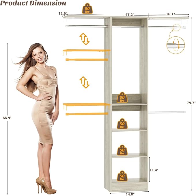Cyclysio 4FT Small Closet System, 80"H Closet Organizer System with 4 Closets Rods & 3 Shelves, 48" Closets Organizers and Storage for Small Bedrooms, Laundry Rooms, Cloakrooms, White Oak