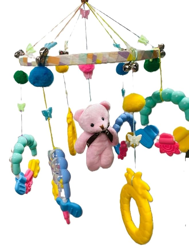 Colorful Hanging Mobile Decor with Soft Teddy, Rattles & Teething Rings – Decorative Hanging Ornament