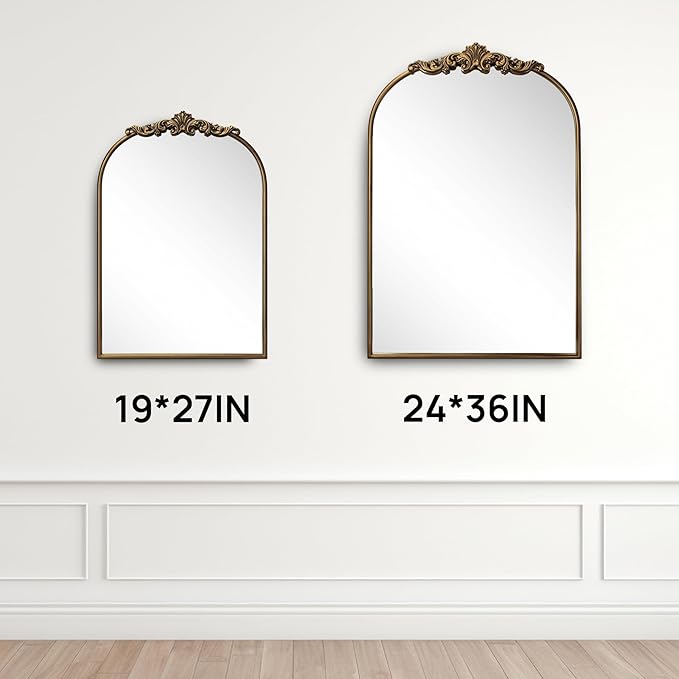 Ornate Baroque Vintage Gold Mirror - 24"X36" Arched Antique Brass Mirror with Full Metal Frame - Perfect for Entryway, Fireplace, Living Room, Hallway, or Bathroom Décor