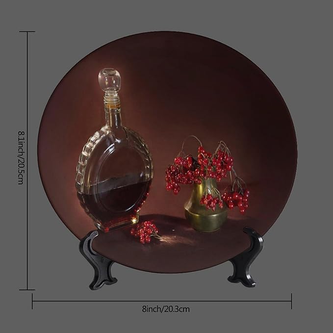 WineDecorative Plate Stand, 8 Inch, Red Wine Bottles and Fruits Round Display Plate, Hanging Decorative Plate with Display Stand, for Wall Hanging Living Room Bathroom Decor Gift