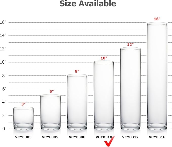 WGVI Quality Thick Weighted Clear Cylinder Glass Vases, 3" W x 10" H, Flower Bud Vase Skinny Narrow Floral Bouquet Container Centerpieces Tabletop Pen Brush Holder, Bulk Wholesale, 6 Pieces