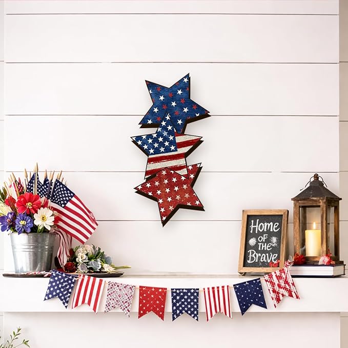 Wooden 4th of July Decorations Patriotic Wreaths for Front Door Independence Day Decorations Star Sign Welcome Memorial Day Hanging for Home Wall Decor Outdoor Indoor Red White and Blue Wreath 5