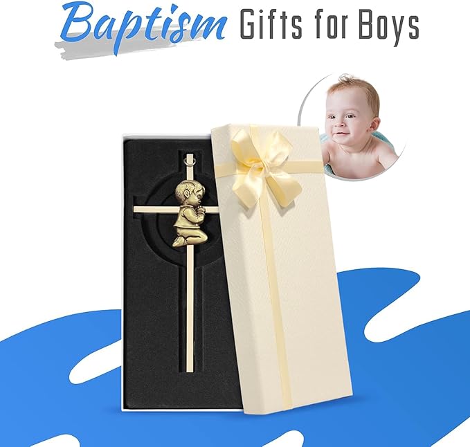Baby Wall Cross Baptism Gifts for Boys, 7-inch Olive Gold Praying Catholic Boy Baptism Crosses for Christening, First Holy Communion & Baby Dedication Gifts, Baptismal Cross Newborn Nursery Decor