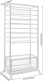 16-Layer Scarf Display Stand, Rolling Scarf Organizer Holder Hanging Rack with Wheels & Storage Basket for Retail Store Boutique Display Bedroom, W26.5*D16.9*H59in (White)