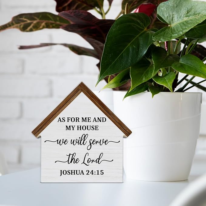 Bible Verse Decor, As for Me and My House We Will Serve The Lord House Shaped Wood Block Sign, Christian Home Room Decor for Desk Table Shelf