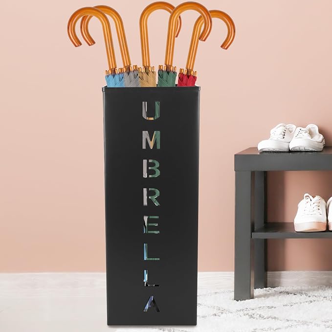 Metal Umbrella Holder, 16.5x6.3x6.3inch Square Free Standing Umbrella Rack Decorative Umbrella Holder Bin Multipurpose Walking Sticks Holder for Umbrella Cane Entryway Home Office (Style A)