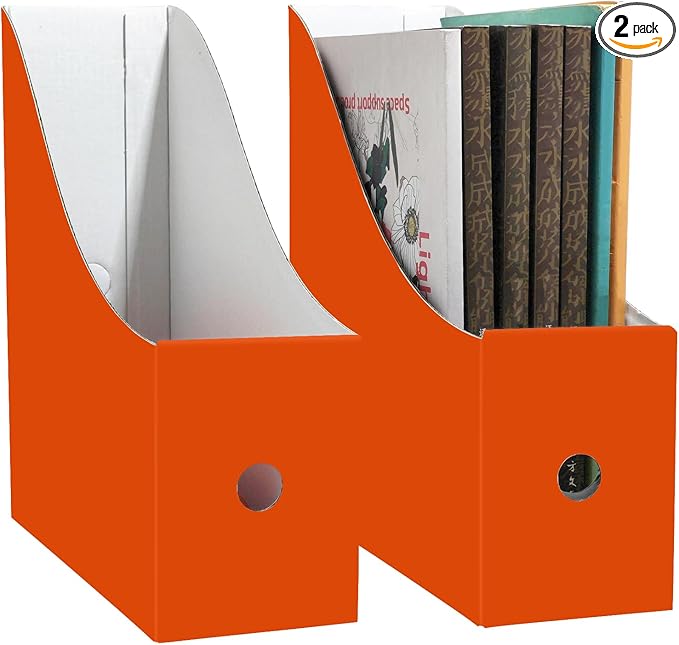 Limitliho 2 Pack Cardboard Magazine Storage Boxes, Vertical File Organizer Box for Desk or Shelves, Book Holder for Classroom,Office,Home(Orange-Red, 10.6" H x 10.2" L x 3.5" W in)