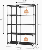 Portable Closets for Hanging Clothes, Wardrobe Closet with Hanging Rod and Clothing Storage Shelves, 8 Side Pockets, Free Standing Clothes Rack with Cover, for Bedroom and Dorm, Black