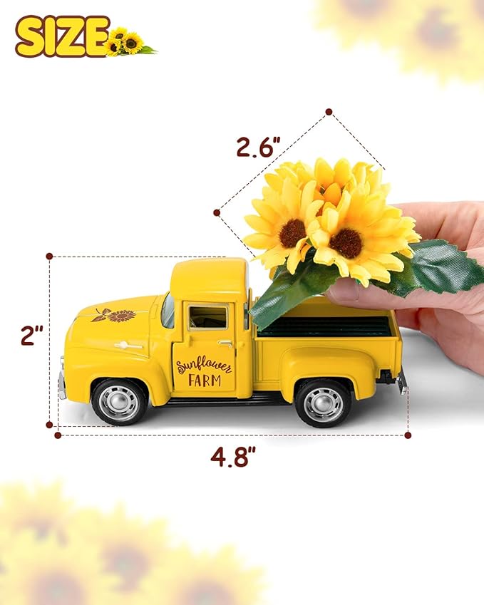 Huray Rayho Sunflower Metal Truck with Artificial Plastic Flower Yellow Vintage Farm Pickup Farmhouse Tabletop Tiered Tray Decor Home Kitchen Mantel Shelf Spring Mini Diecast Truck Decorations