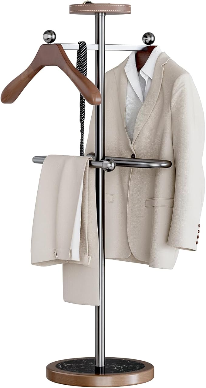 Suit Valet Stand with 2 Wooden Hangers & Storage Tray, Stainless Steel Frame, Solid Natural Marble Base, Freestanding Clothing Valet for Men, Bedroom, Office, Entryway (12.6 x 54.33 in)