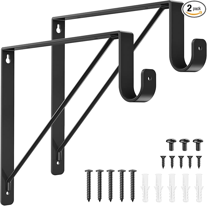 2 Pack Closet Rod Bracket, Heavy Duty Closet Rod Support with Rod Holder, Wall Mounted Closet Shelf Brackets with Triangle Stabilizing Design for Closet, Bathroom and Kitchen, Black