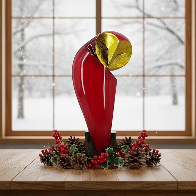 Mid-Century Modern 15 Inch Resin Owl Sculpture - Handmade Vintage Home Decor Statue for Bookshelves, Office Desk, Mantel & Collector Display (red)