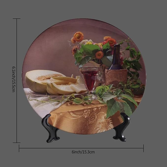 Decorative Plates, 6 Inch, Floral Cantaloupe Wine Round Display Plate, Handmade Ceramic Ornament, for Kitchen Party Coffee Table Decor Art