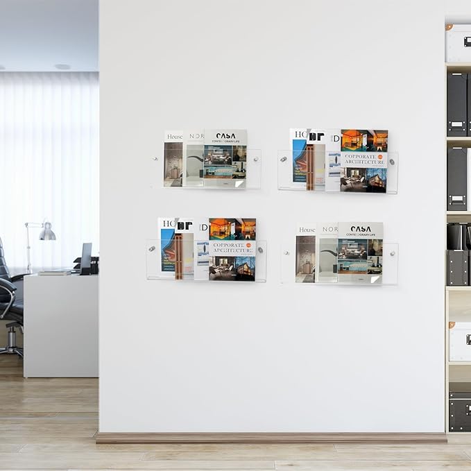 2 Pack Clear Acrylic Magazine Holder, Wall Mount Hanging Bookshelf Literature Storage Rack, Brochure File Display Shelf for Waiting Room, Living Room, Office, Home