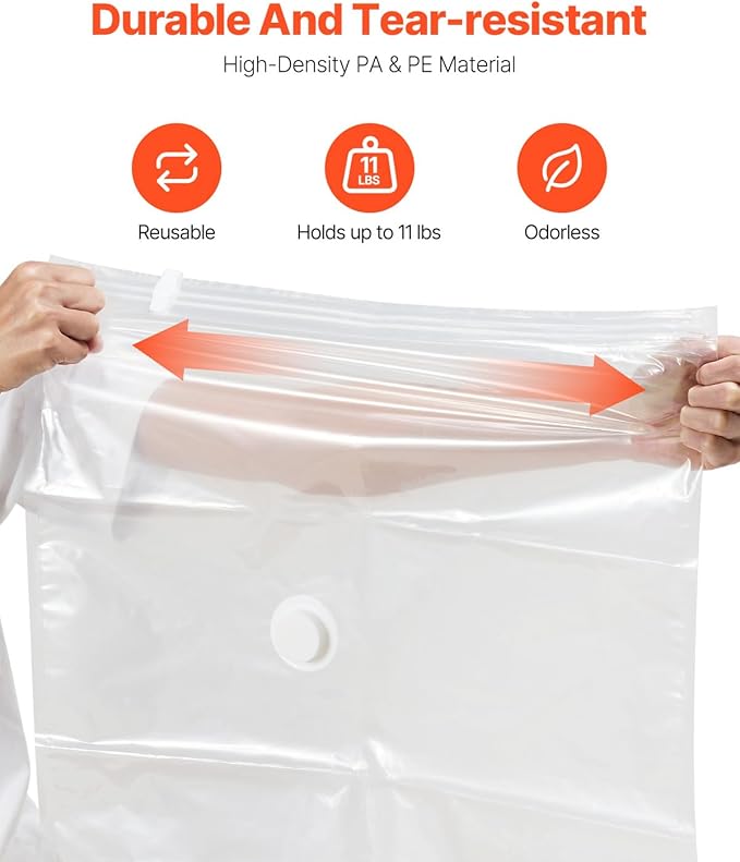 VEVOR Vacuum Storage Bags, 10 Jumbo Space Saver Vacuum Seal, Compression Airtight Space Bags, Zipper Sealer Bags for Clothes, Bedding, Blanket, Pillows, Comforters, Travel (Hand Pump Included)