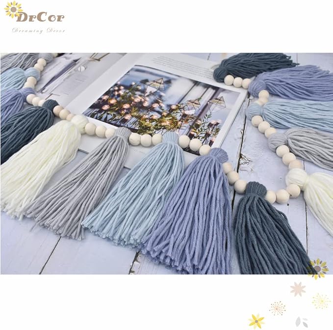 DrCor Dusty Blue Tassel Garland – Boho Classroom Decor for Bulletin Board, Teacher Classroom, Nursery, Kids Room, Back to School, Baby Shower & Birthday Decorations