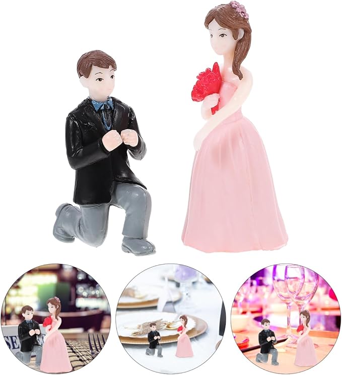 Amosfun Wedding Doll Ornaments Mini Couple Figurines 2.20 Inch Resin Proposal Statue Lightweight Compact Tabletop Display for Wedding Cake Toppers and Home Party Decoration