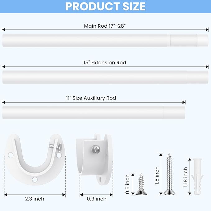 Closet Rods for Hanging Clothes, 17 to 69 Inch Heavy Duty Stepless Adjustable Closet Hanging Rod, 1.3 Inch Diameter Metal Closet Rod for Wardrobes Laundry Bedroom RV, White
