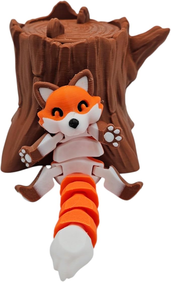 Articulating Animals Raccoon, Fox, Panda, Skunk, Possum with Containers - 3D Printed Articulated Joints ADHD, Autism, Relief Anxiety, Collectible Figurines (Fox Tree Stump)