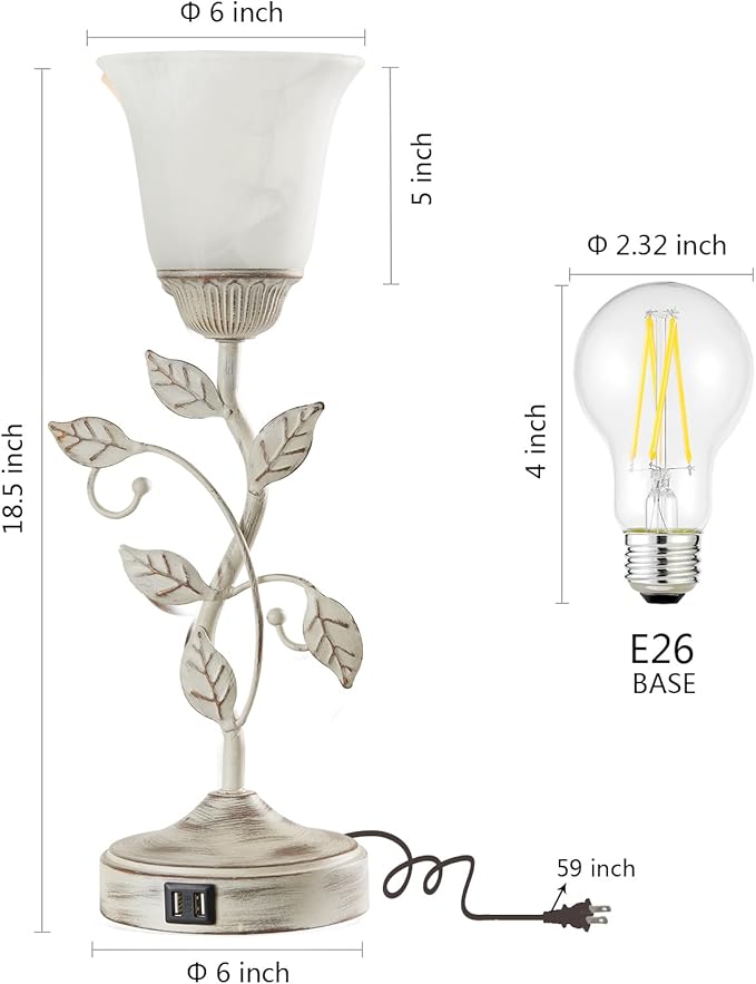 Rustic Touch Table Lamp for Bedroom, 3-Way Dimmable Nightstand Lamp with 2 USB Ports, Retro Vintage White Glass Shade Leaf Desk Lamp for Living Room Entryway, LED Bulb Included