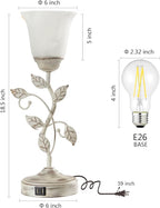 Rustic Touch Table Lamp for Bedroom, 3-Way Dimmable Nightstand Lamp with 2 USB Ports, Retro Vintage White Glass Shade Leaf Desk Lamp for Living Room Entryway, LED Bulb Included